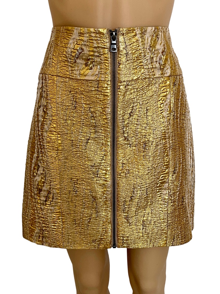 Bcbgmaxazria Gold Textured Metallic Front Zip Mini Skirt Size L